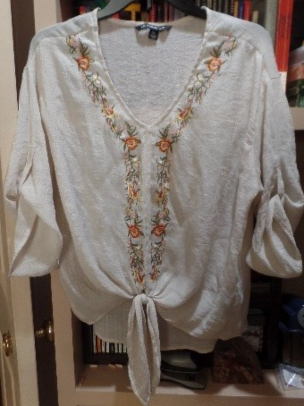 Zac & Rachel beige embroidered 3/4 sleeved front tie blouse